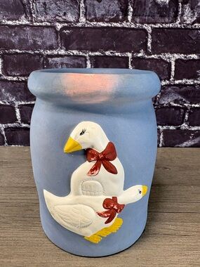 Handpainted Blue Goose Ceramic Vase with Red Bows